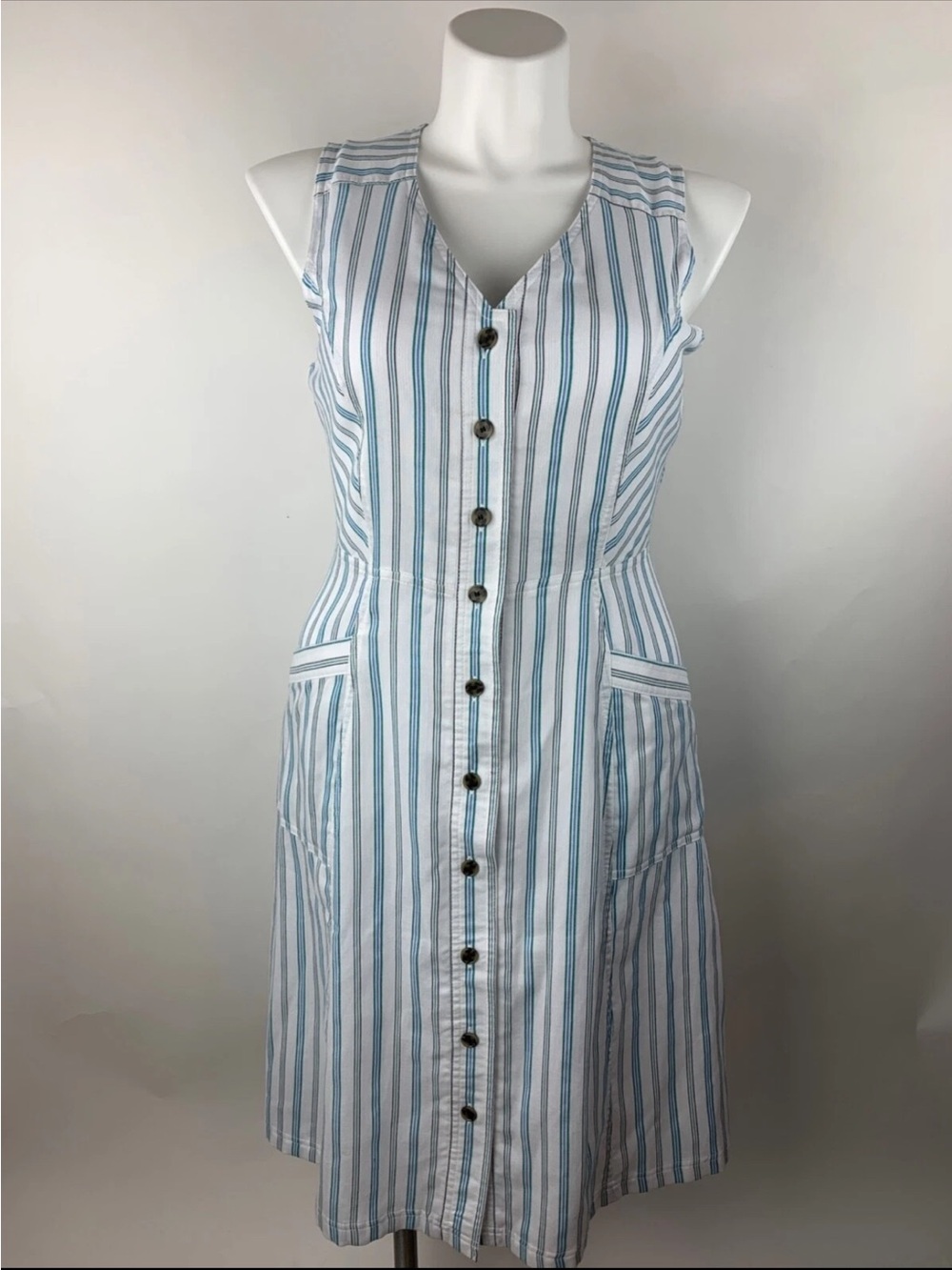 LOFT White and Light Blue Striped Button-Front Midi Dress